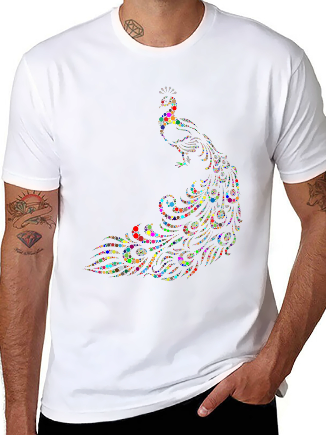Peacock Dot Art Graphic Tee - Black Cotton T-Shirt