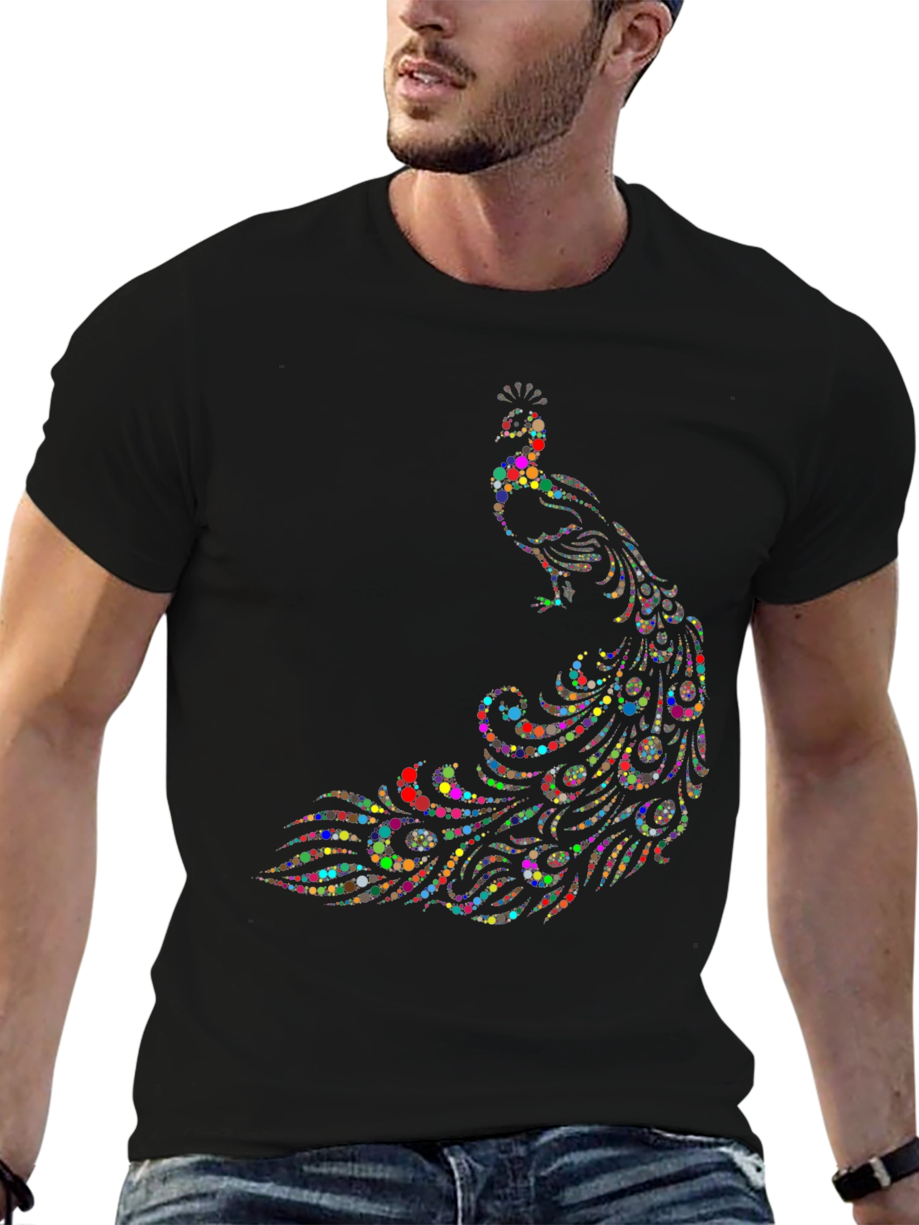Peacock Dot Art Graphic Tee - Black Cotton T-Shirt