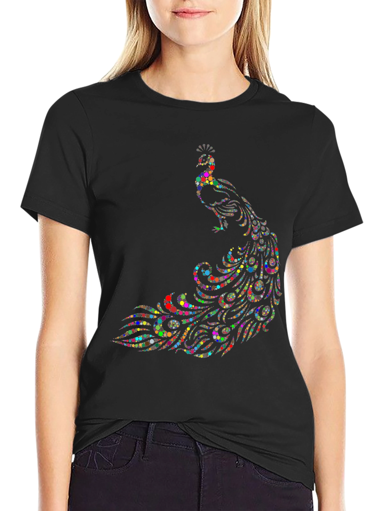 Peacock Dot Art Graphic Tee - Black Cotton T-Shirt