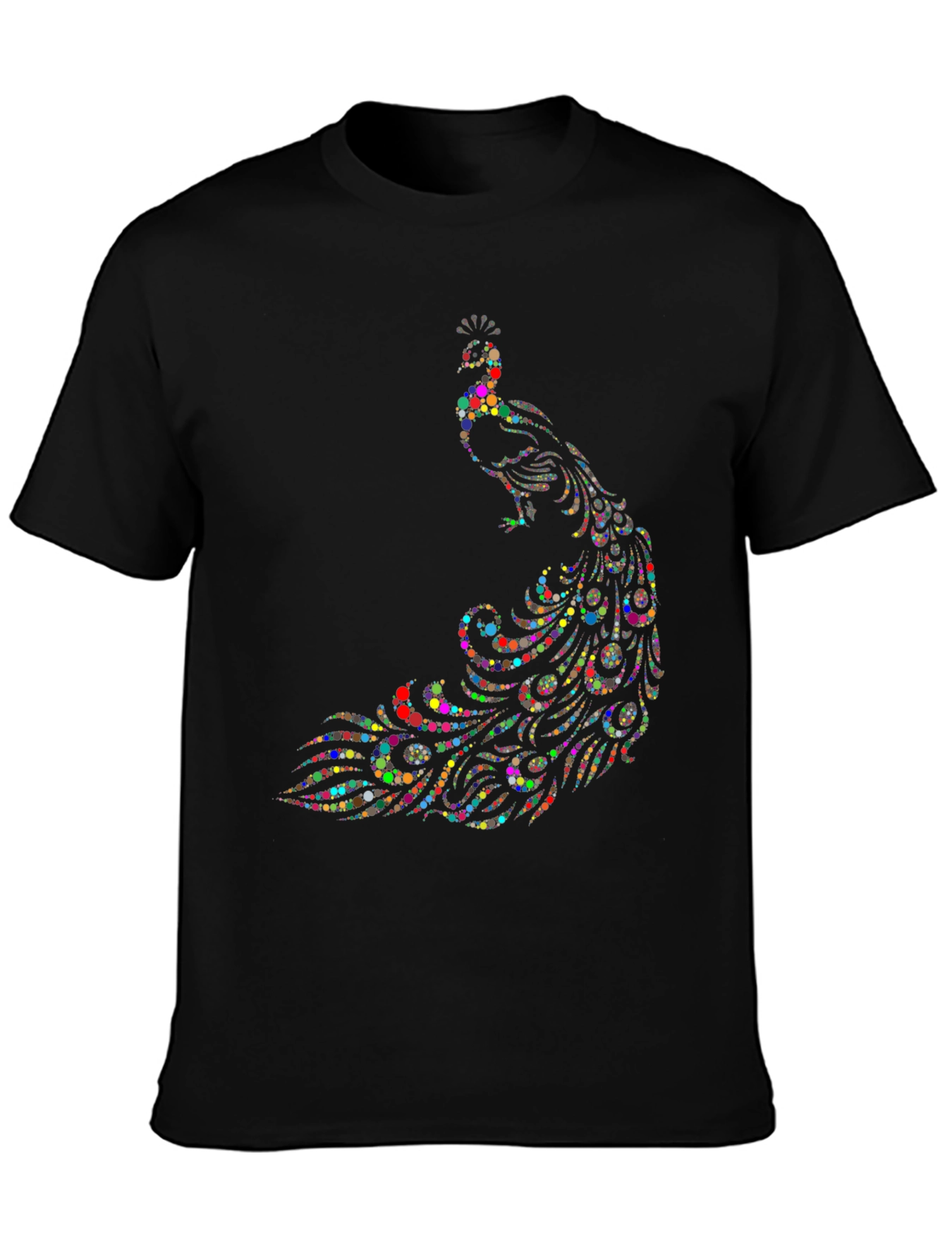 Peacock Dot Art Graphic Tee - Black Cotton T-Shirt