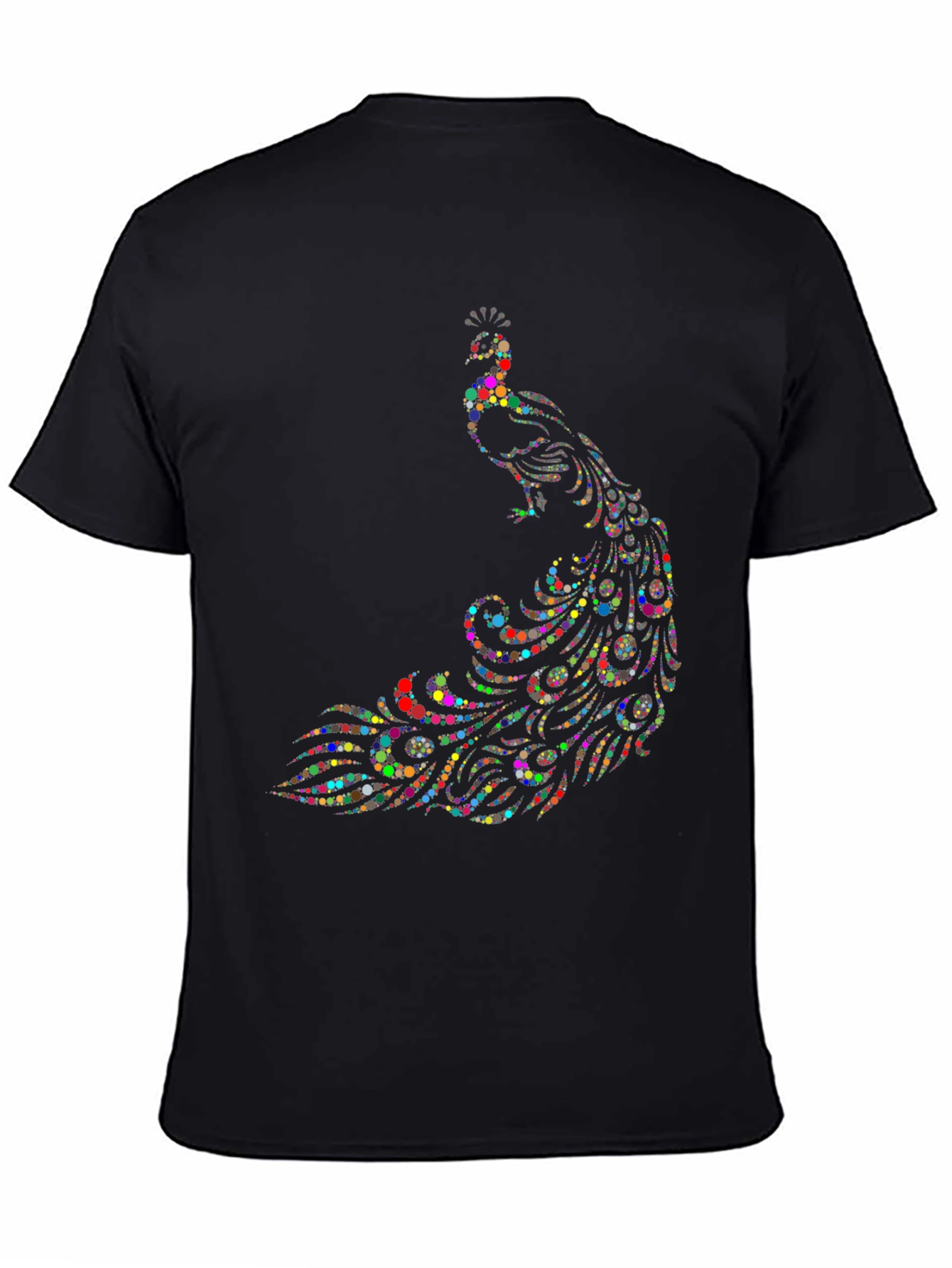 Peacock Dot Art Graphic Tee - Black Cotton T-Shirt