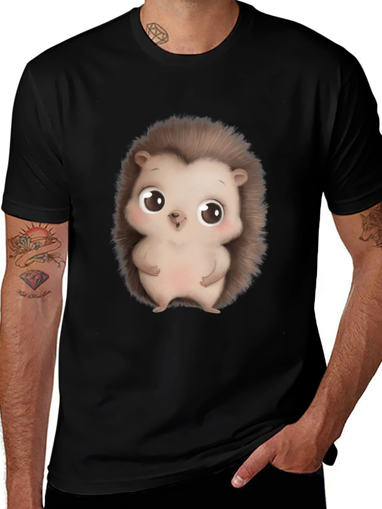 Cute Hedgehog Graphic Tee - Black