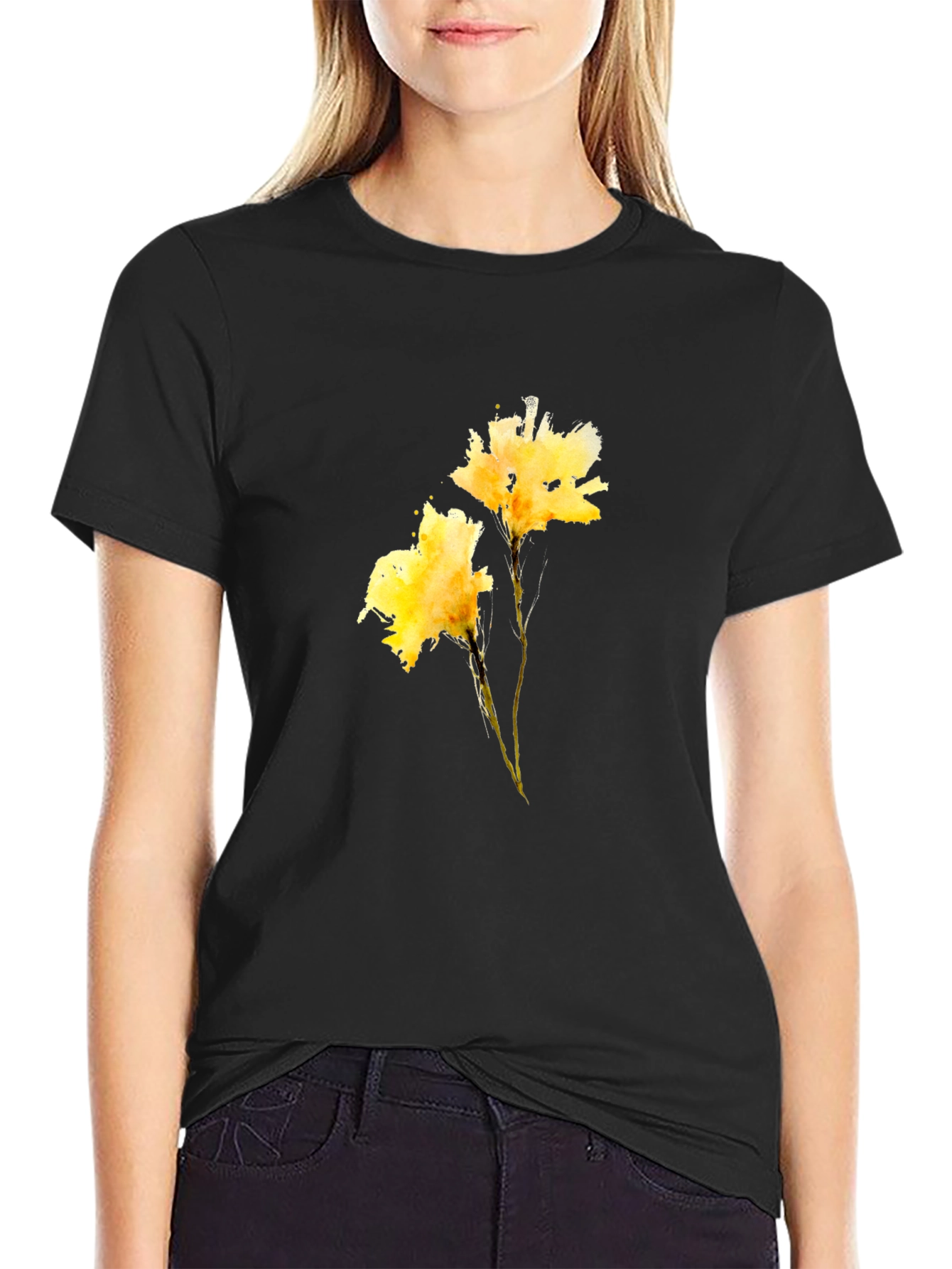 Black Tee with Yellow Flower Print