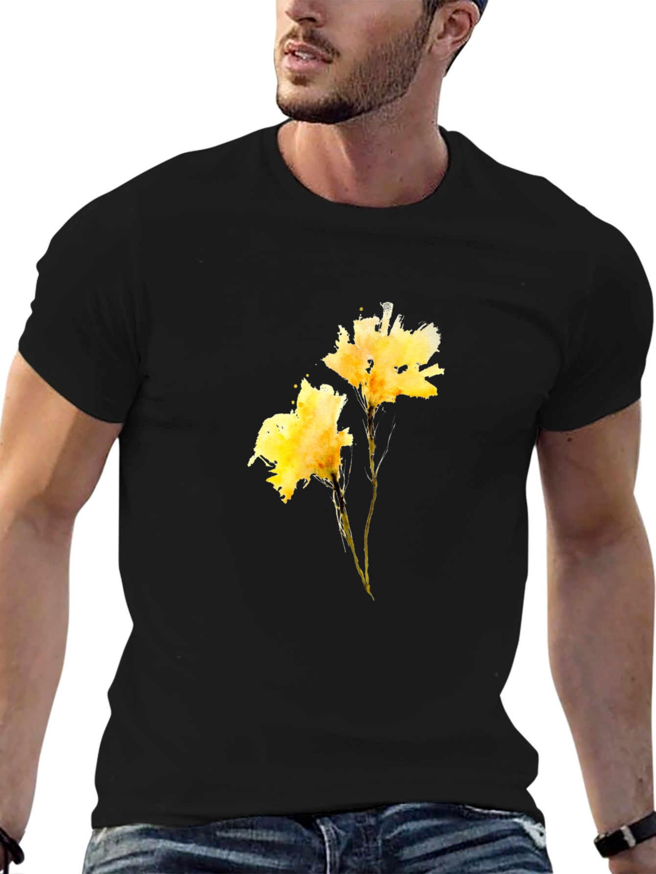 Black Tee with Yellow Flower Print