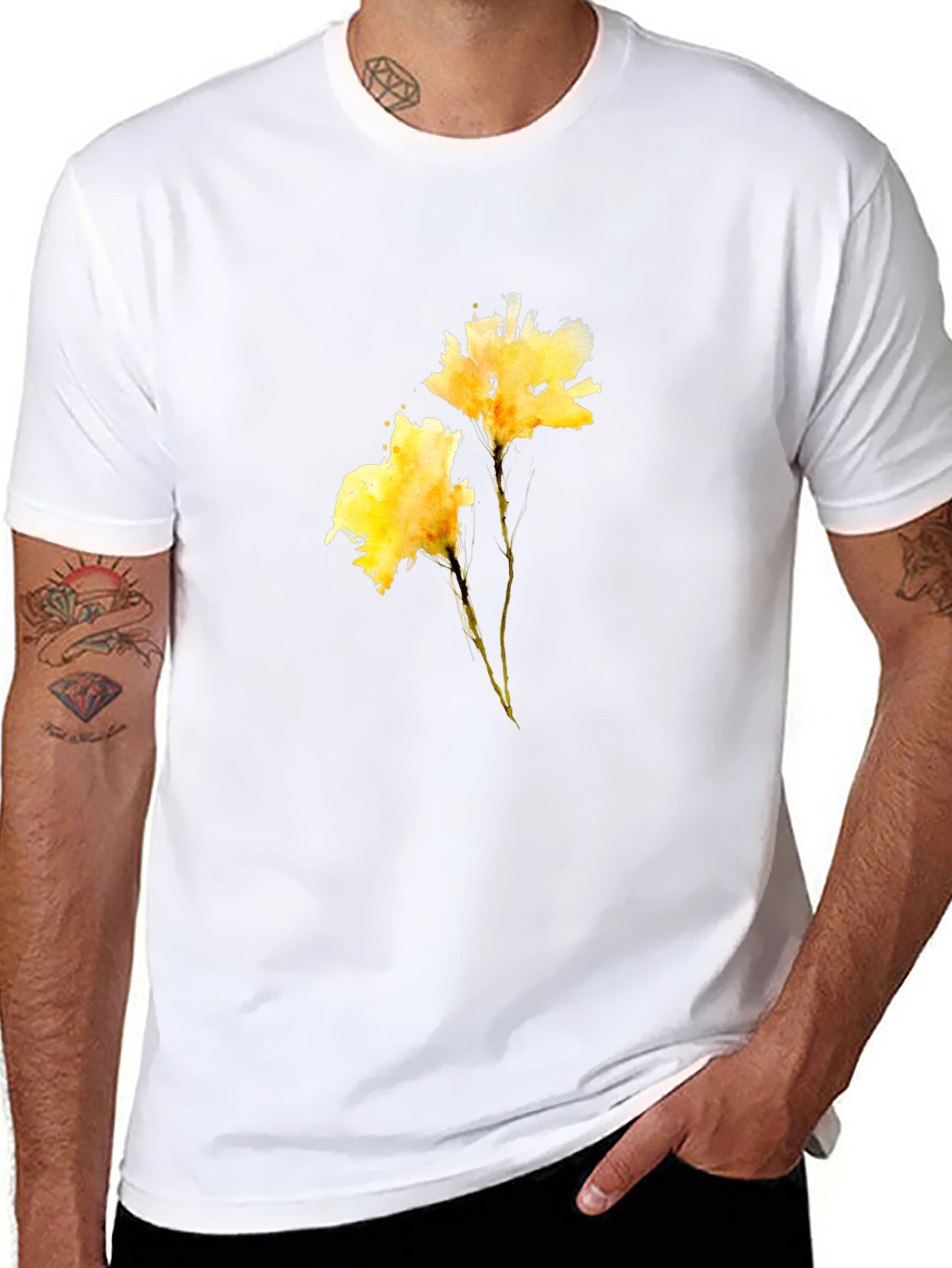 Black Tee with Yellow Flower Print