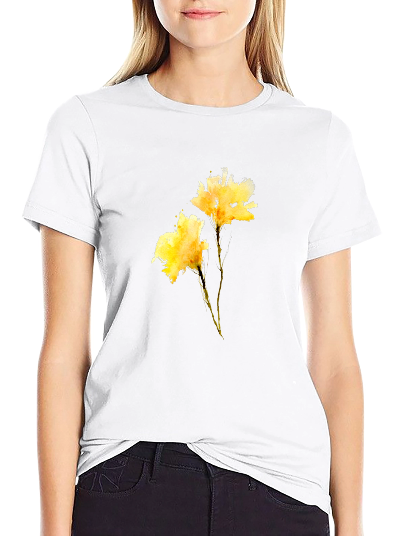 Black Tee with Yellow Flower Print