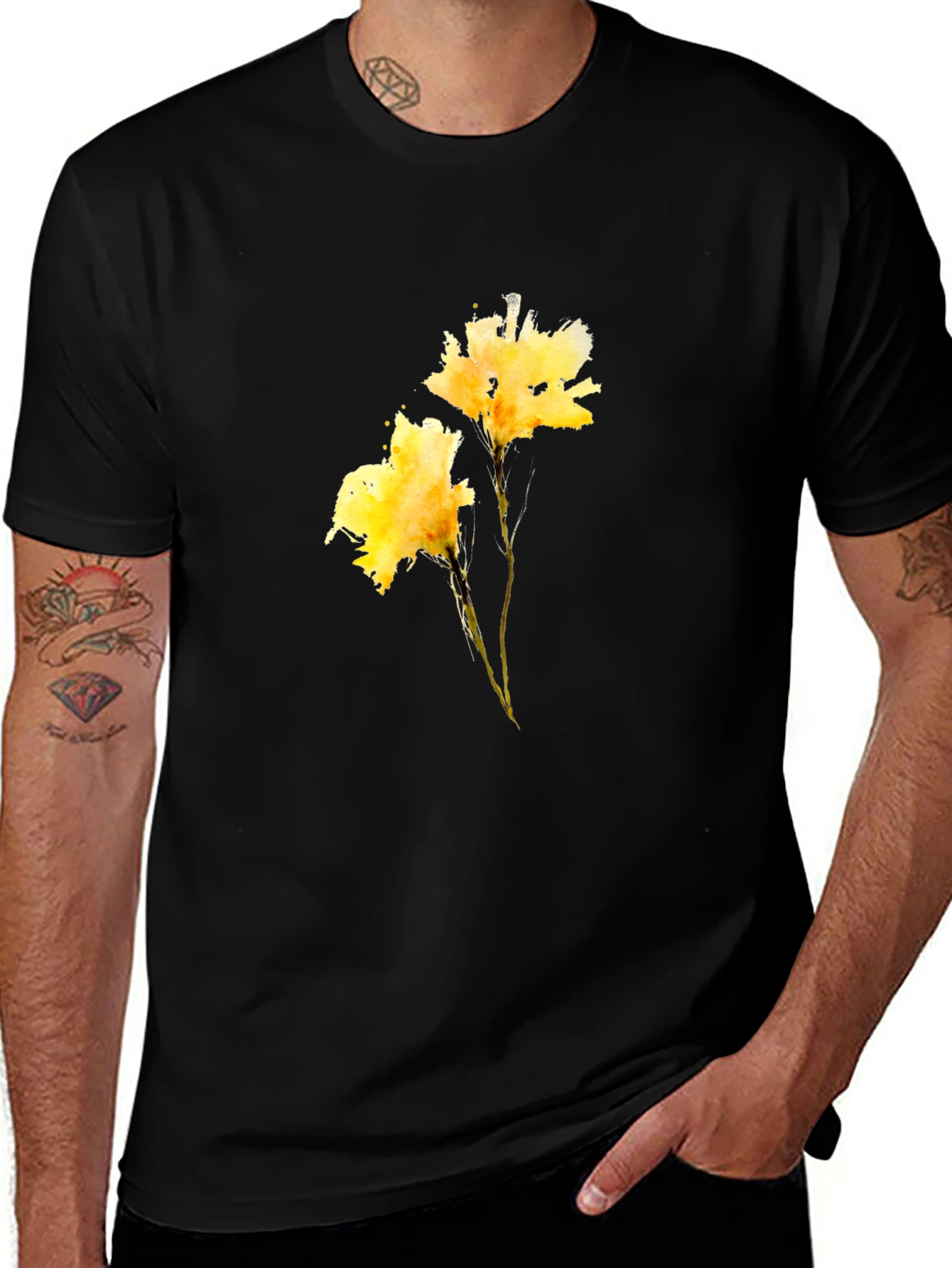Black Tee with Yellow Flower Print