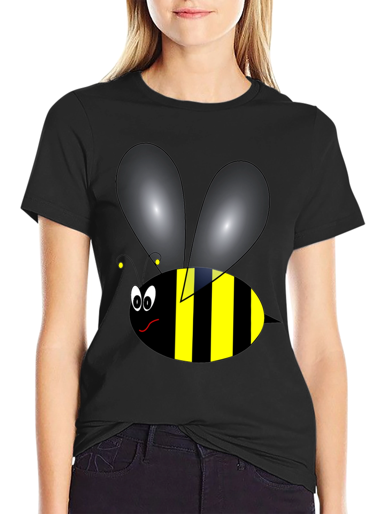 Funny Cartoon Bee Graphic Tee - Black Cotton